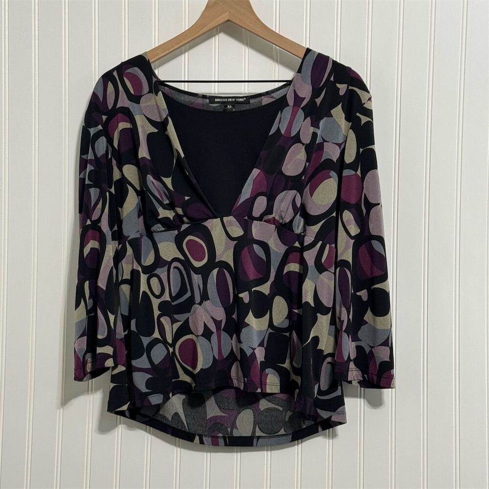 BRIGGS NY XL Mod Abstract Swirl Top Dark Academia Maximalist Draped V-Neck